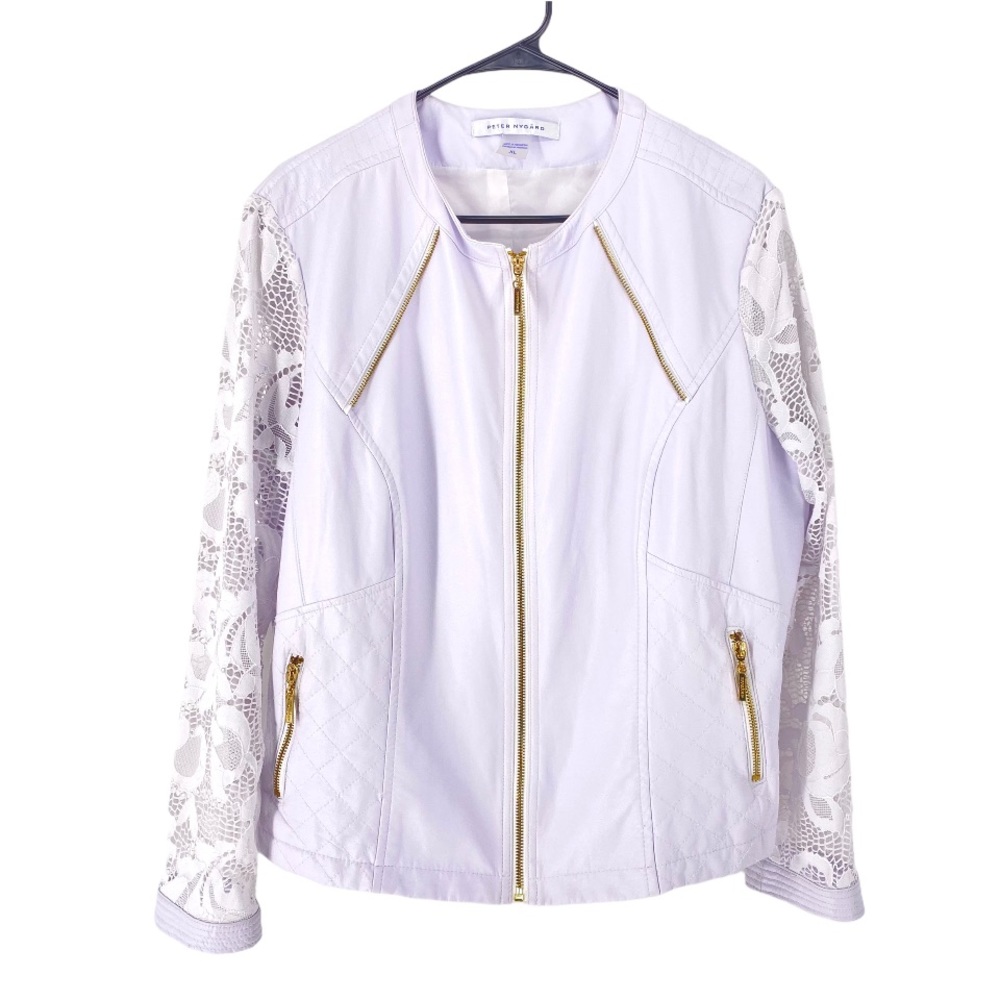 Peter Nygard Women Lace Sleeve Faux Leather Jacket